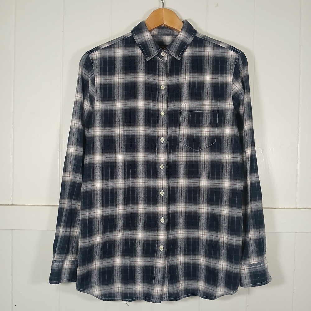Pendleton Plaid Button Down Women Medium Navy White Long Sleeve Pocket Shirt